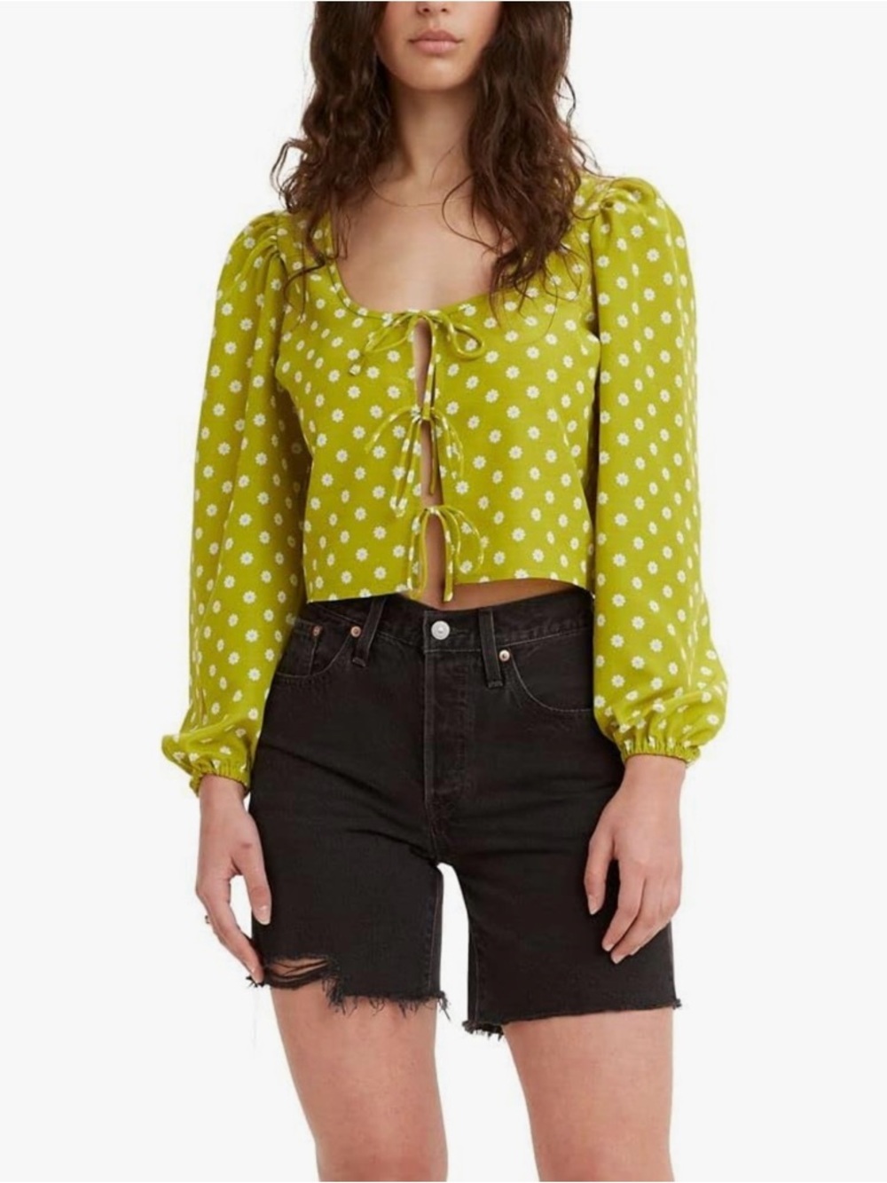 Levi's Embry Tie Front Blouse Sweet Daisy Split Pea Floral Puff Sleeve Crop Top